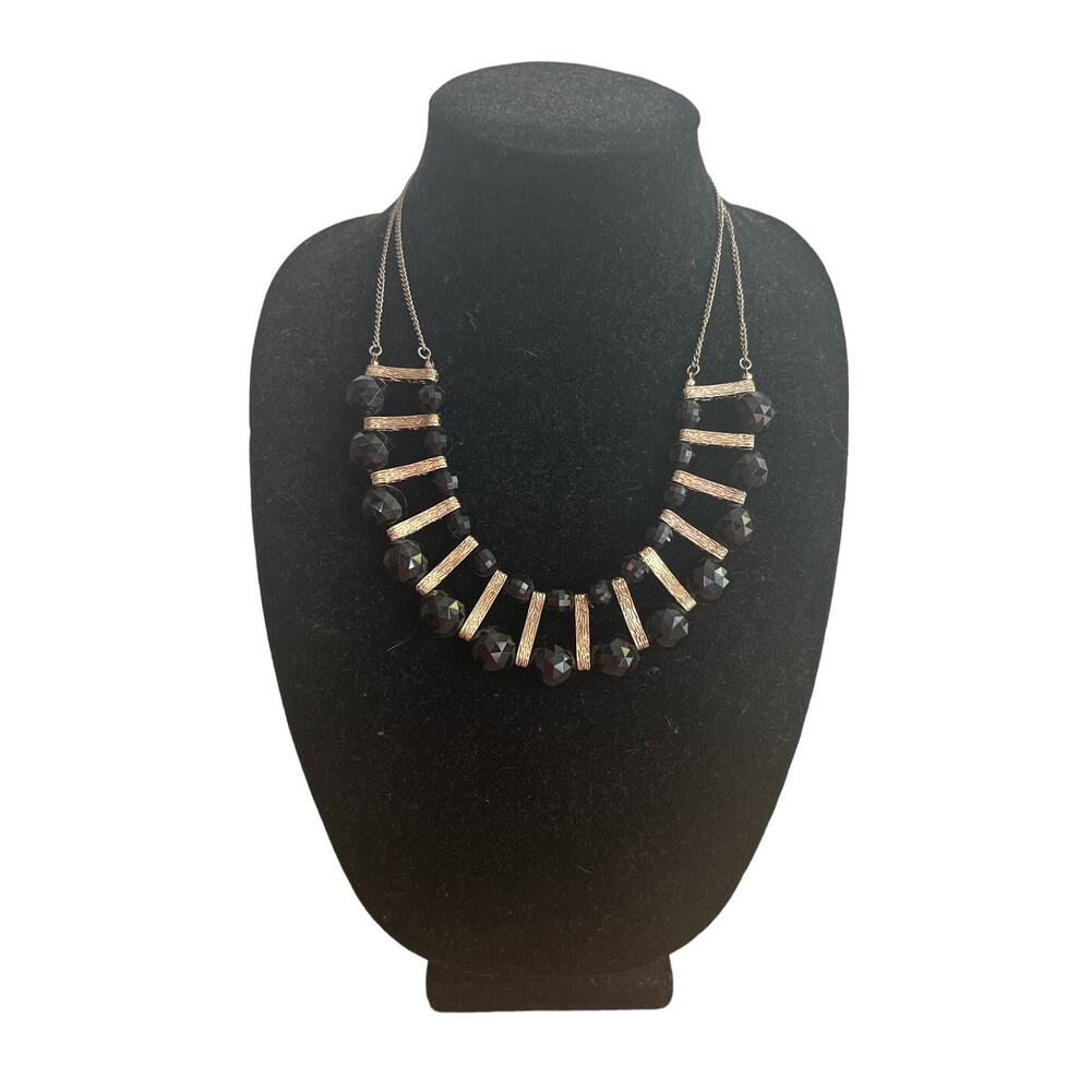 Vintage Black and Gold Tone Necklace Two Strands with Rondelle Beads